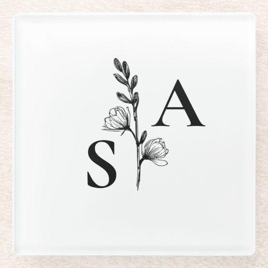 Minimalistische BW Monogram Wildflower Wedding Glazen Onderzetter (Voorkant)