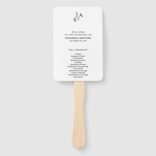 Minimalistische BW Monogram Wildflower Wedding Handwaaier (Voorkant)