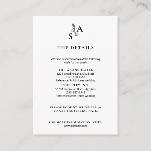 Minimalistische BW Monogram Wildflower Wedding Informatiekaartje (Voorkant)