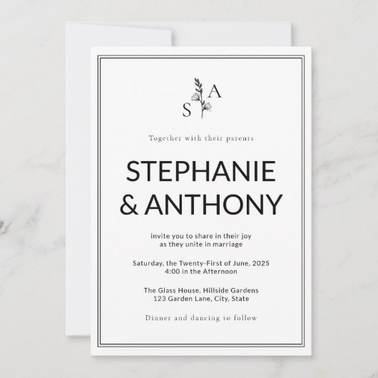 Minimalistische BW Monogram Wildflower Wedding Kaart (Voorkant)