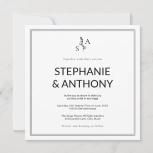 Minimalistische BW Monogram Wildflower Wedding Kaart