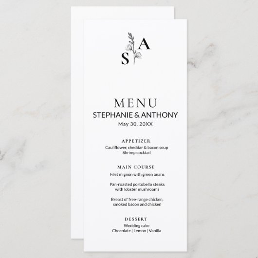 Minimalistische BW Monogram Wildflower Wedding Menu (Voorkant / Achterkant)