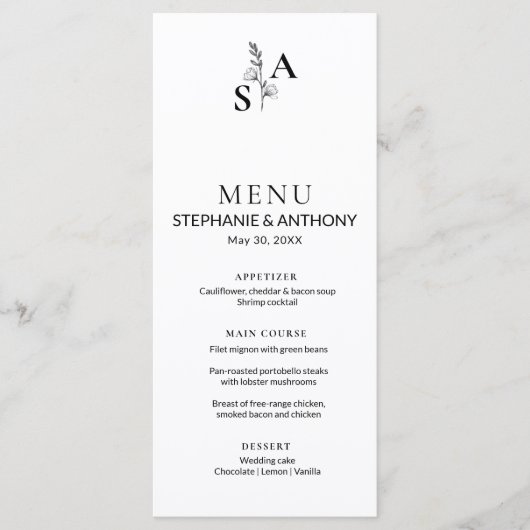 Minimalistische BW Monogram Wildflower Wedding Menu (Voorkant)