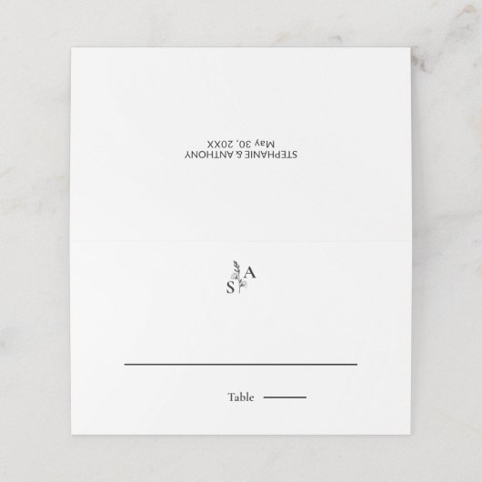 Minimalistische BW Monogram Wildflower Wedding Plaatskaartje (Buitenkant ongevouwen)