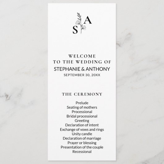 Minimalistische BW Monogram Wildflower Wedding Programmakaart (Voorkant)