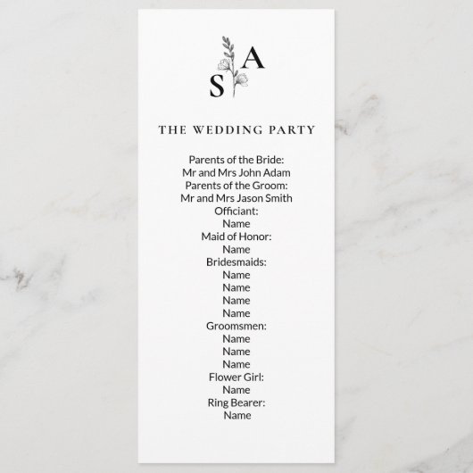 Minimalistische BW Monogram Wildflower Wedding Programmakaart (Achterkant)
