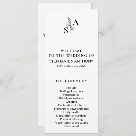 Minimalistische BW Monogram Wildflower Wedding Programmakaart (Voorkant / Achterkant)