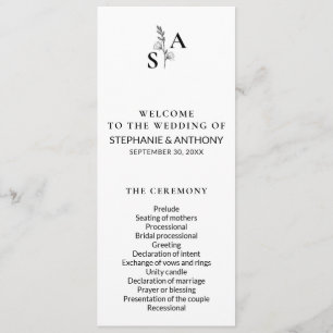 Minimalistische BW Monogram Wildflower Wedding Programmakaart