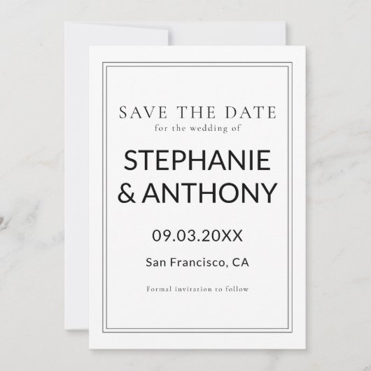Minimalistische BW Monogram Wildflower Wedding Save The Date (Voorkant)