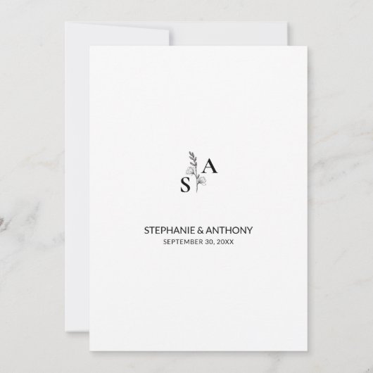 Minimalistische BW Monogram Wildflower Wedding Save The Date (Achterkant)