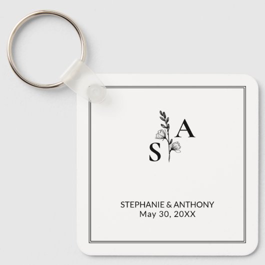 Minimalistische BW Monogram Wildflower Wedding Sleutelhanger (Voorkant)