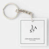 Minimalistische BW Monogram Wildflower Wedding Sleutelhanger (Voorkant)