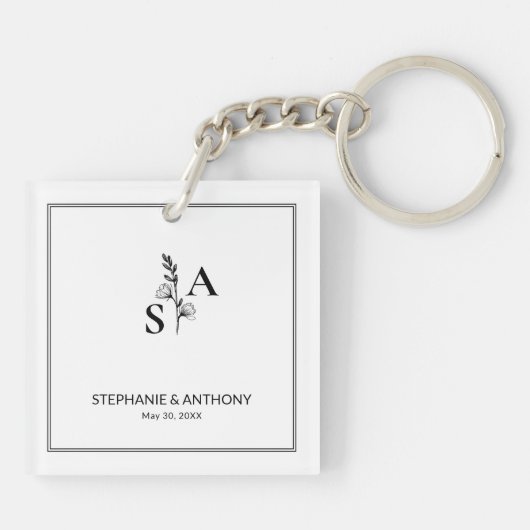Minimalistische BW Monogram Wildflower Wedding Sleutelhanger (Achterkant)