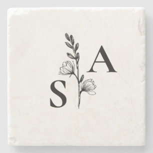 Minimalistische BW Monogram Wildflower Wedding Stenen Onderzetter