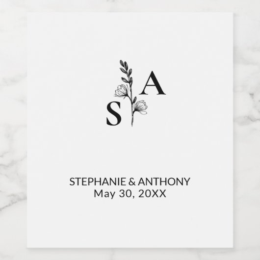 Minimalistische BW Monogram Wildflower Wedding Wijn Etiket (Enkel label)