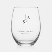 Minimalistische BW Monogram Wildflower Wedding Wijnglas Zonder Voet (Voorkant)