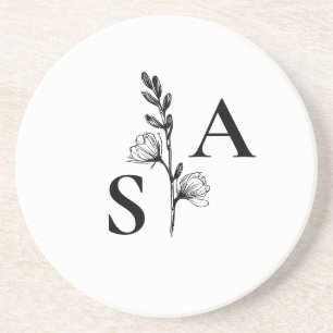 Minimalistische BW Monogram Wildflower Wedding Zandsteen Onderzetter