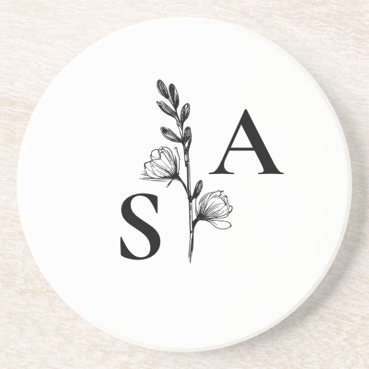 Minimalistische BW Monogram Wildflower Wedding Zandsteen Onderzetter (Voorkant)