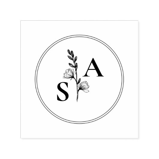 Minimalistische BW Monogram Wildflower Wedding Zelfinktende Stempel (Design)