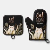 Minimalistische Cartoon van Schattigee kattennaam  Ovenwant & Pannenlap Set (Voorkant)