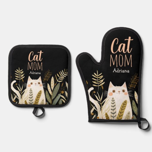 Minimalistische Cartoon van Schattigee kattennaam  Ovenwant & Pannenlap Set (Voorkant)