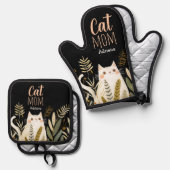 Minimalistische Cartoon van Schattigee kattennaam  Ovenwant & Pannenlap Set (Voorkant / Achterkant)