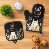 Minimalistische Cartoon van Schattigee kattennaam Ovenwant & Pannenlap Set (Top down)