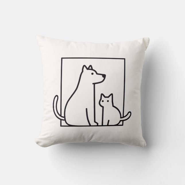 Minimalistische Cat and Dog Line Art Sierkussen (Voorkant)