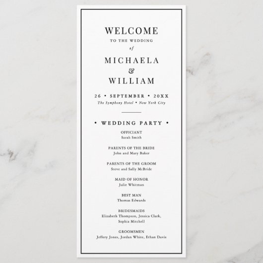 Minimalistische ceremonie en receptie bruiloft programmakaart (Voorkant)