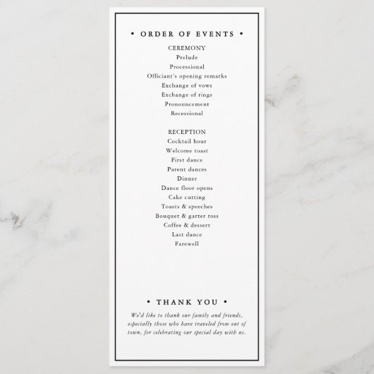Minimalistische ceremonie en receptie bruiloft programmakaart (Achterkant)