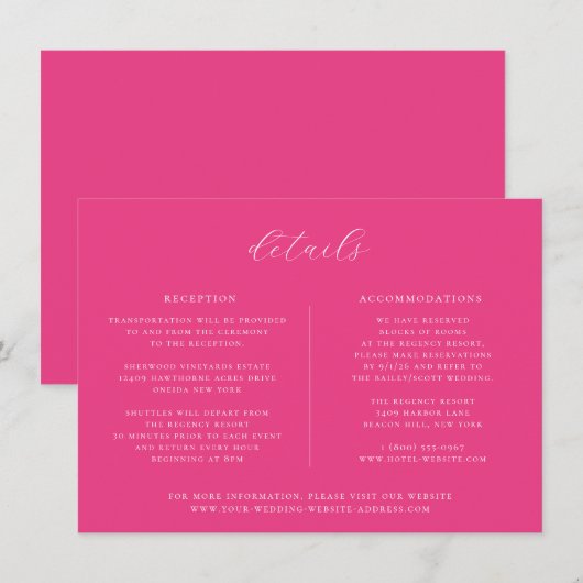 Minimalistische Cerise Roze Bruiloft Details Kaart (Voorkant / Achterkant)