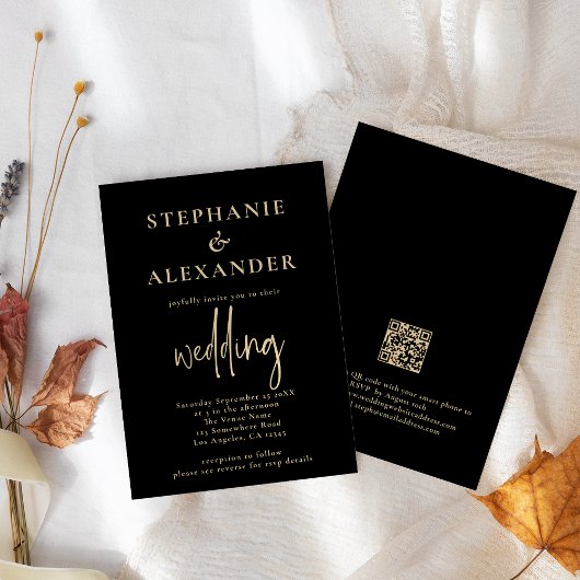 Minimalistische Champagne Gold Black QR-code Wedde Kaart