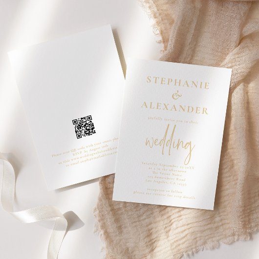 Minimalistische Champagne Gold QR-code bruiloft Kaart