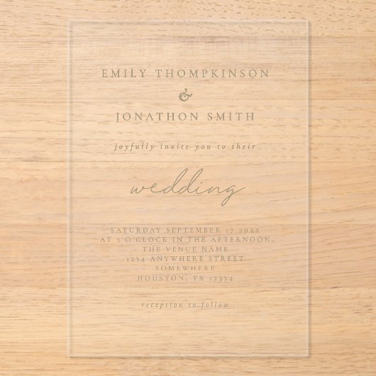 Minimalistische Champagne Goud Schrijven Trouwen Acryl Uitnodigingen (Voorkant)