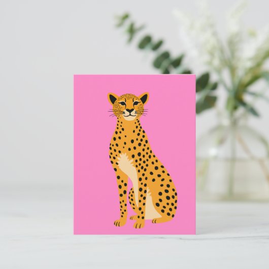 Minimalistische cheetah op roze feestdagenkaart (Staand voorkant)