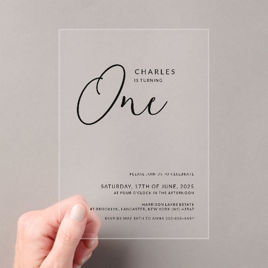 Minimalistische Chic 1e verjaardag Acryl Uitnodigingen (Insitu (Draagbaar))