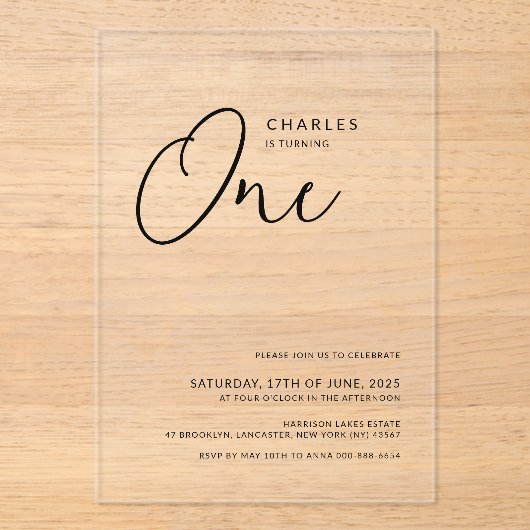 Minimalistische Chic 1e verjaardag Acryl Uitnodigingen (Voorkant)