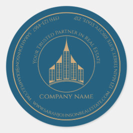 Minimalistische chic blauw, bruin makelaar ronde sticker