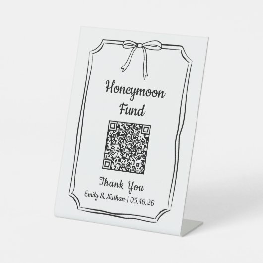 Minimalistische Chic Bow Honeymoon Fund QR Code Ka Reclamebord Met Voetstuk (Voorkant)