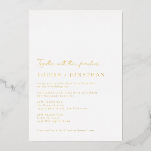 Minimalistische Chic Klassieke Script Bruiloft Wit Folie Uitnodiging (Voorkant)