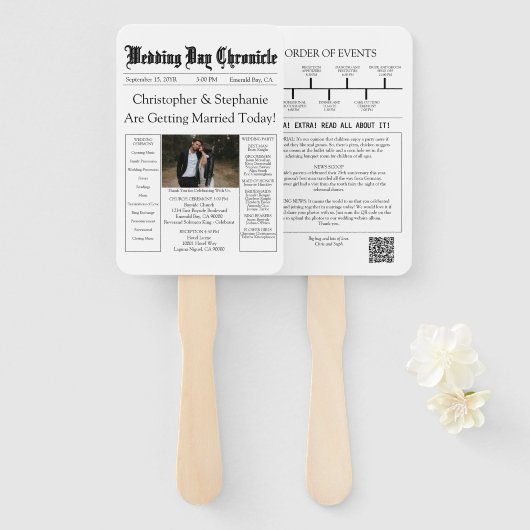 Minimalistische Chic Krant Trouwprogramma QR Code Handwaaier (Voorkant en achterkant)