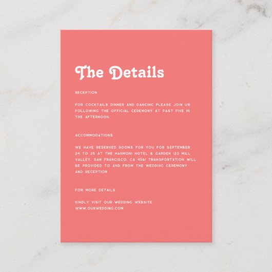 Minimalistische Chic Retro Koraal Roze bruiloft De Informatiekaartje (Voorkant)
