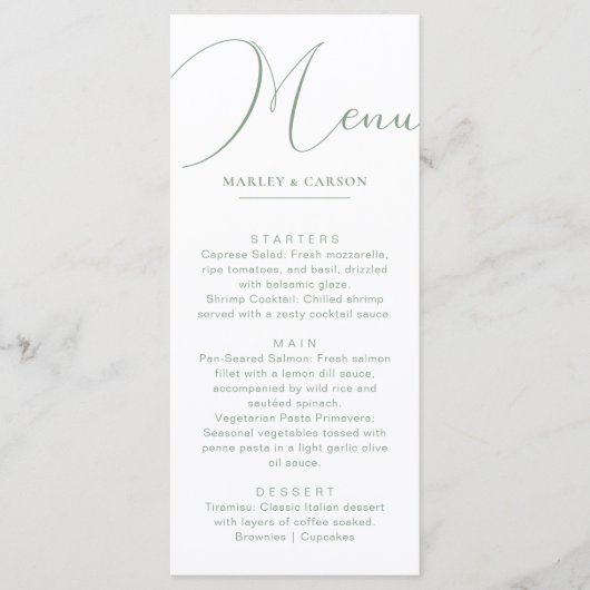 Minimalistische Chic Sage Green bruiloft diner Menu (Voorkant)
