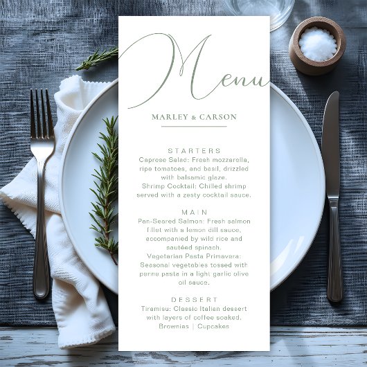 Minimalistische Chic Sage Green bruiloft diner Menu