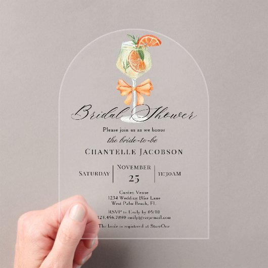Minimalistische Chic Sinaasappel Spritz Bow Vrijge Acryl Uitnodigingen (Insitu (Draagbaar))