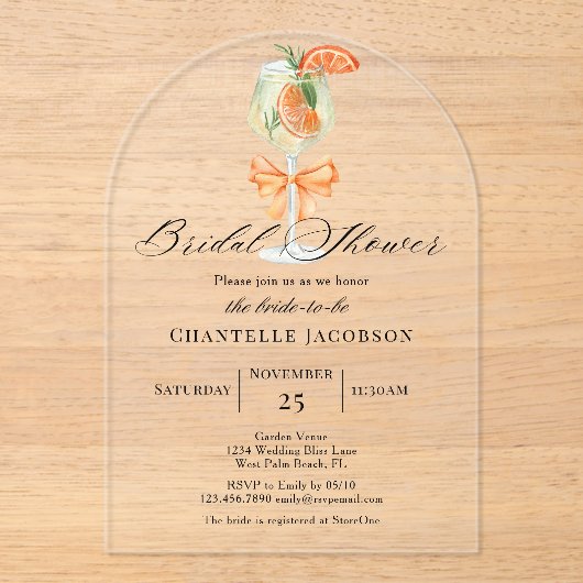 Minimalistische Chic Sinaasappel Spritz Bow Vrijge Acryl Uitnodigingen (Voorkant)