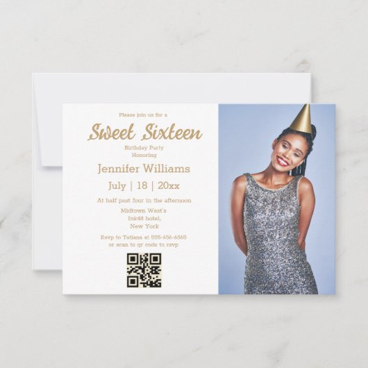minimalistische chic sweet sixteen qr-code foto go kaart (Voorkant)