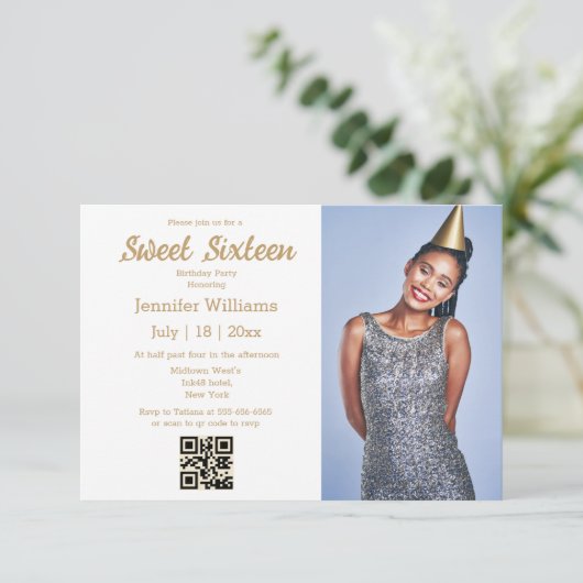 minimalistische chic sweet sixteen qr-code foto go kaart (Staand voorkant)