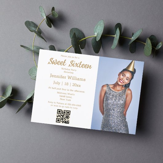 minimalistische chic sweet sixteen qr-code foto go kaart