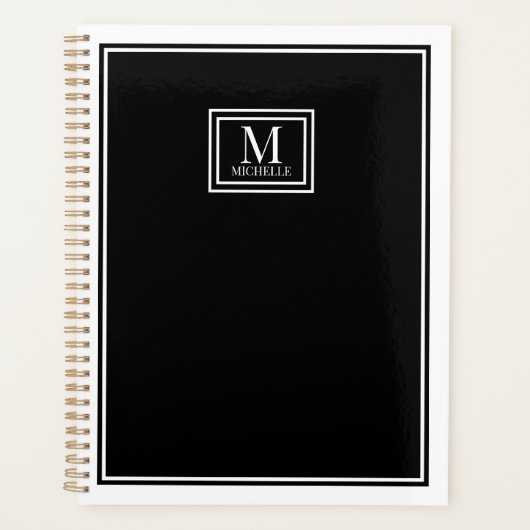 Minimalistische Chic Twee Rand Monogram Naam Zwart Planner (Voorkant)